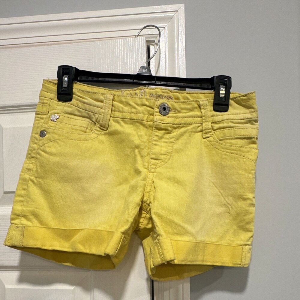 WallFlower Yellow Chino Cuffed Shorts Juniors 7 Stretch 5-Pocket Zip